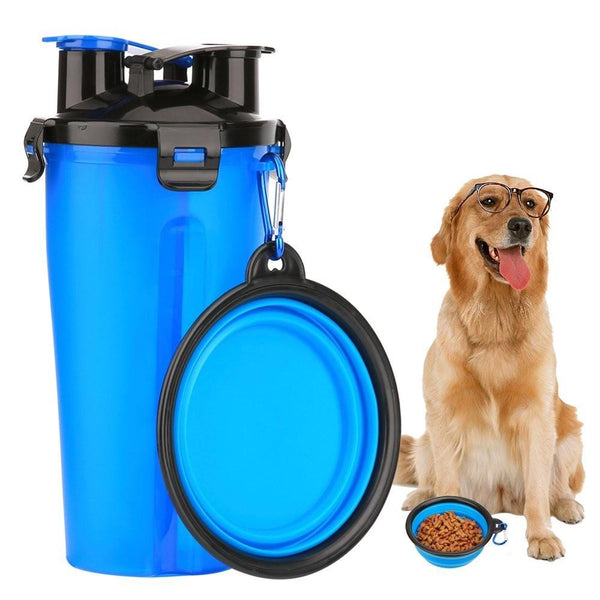 Blue pet water bottle and bowl set with a dog wearing glasses 