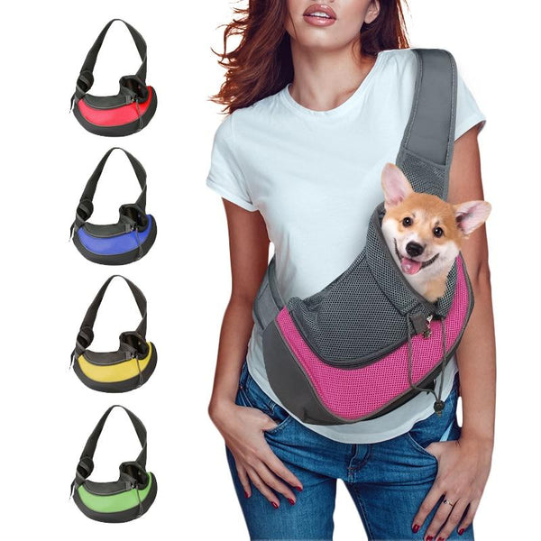 Woman carrying a dog in a pink pet sling with color options displayed.