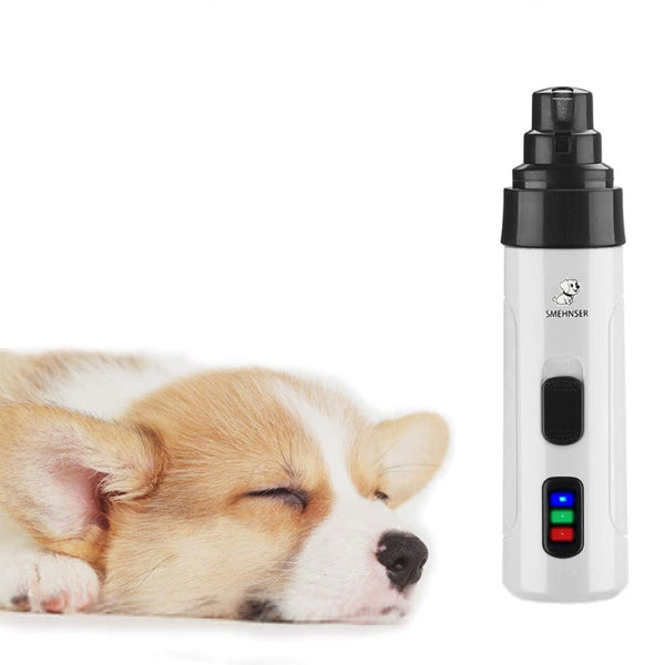 Dog with closed eyes next to a white electronic nail trimmer device with black accents, labeled 'Schnauzer'