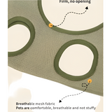 Diagram of breathable mesh fabric with text indicating firmness and comfort for pets.