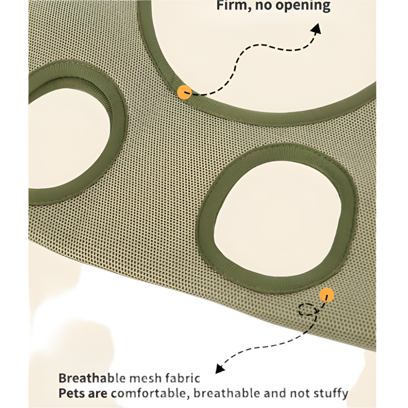 Diagram of breathable mesh fabric with text indicating firmness and comfort for pets.