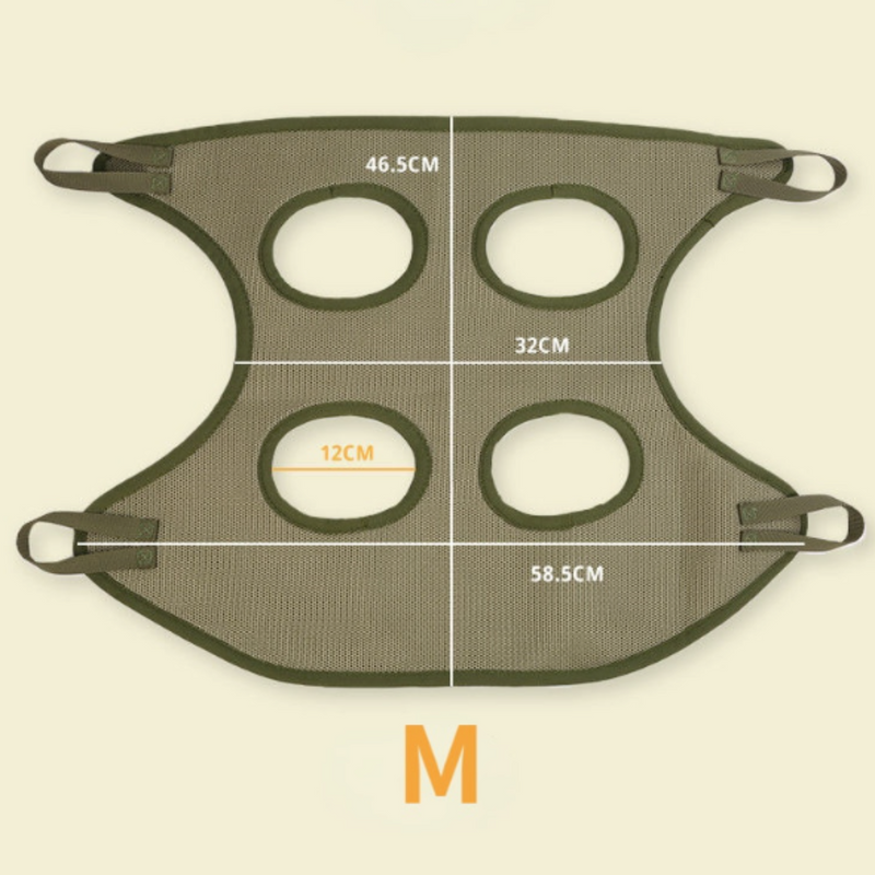 Measurement chart of a green mesh product with circular cutouts and dimensions 
