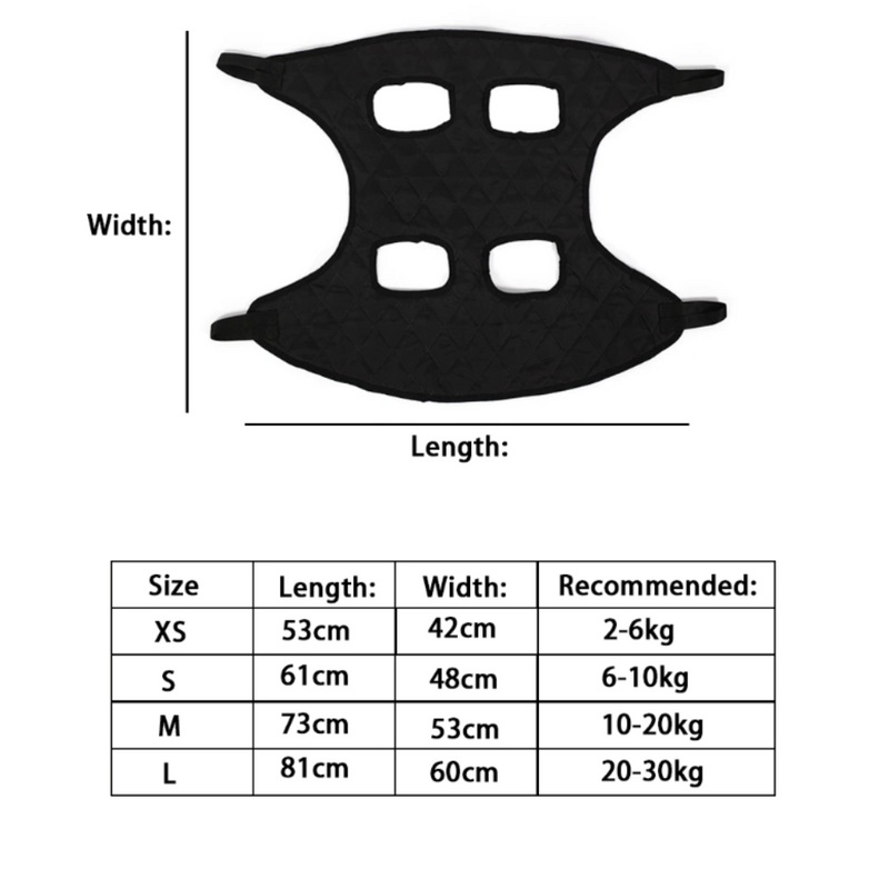 Measurement chart for a product with dimensions and weight recommendations.
