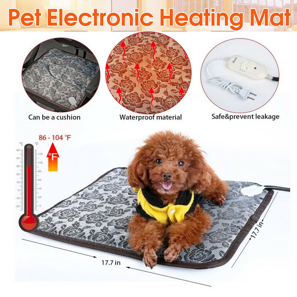 Pet electronic heating mat with a dog on it, showing features like waterproof material and safe temperature.