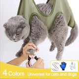 Cat in a green mesh carrier with a person holding a tool, on a white background.