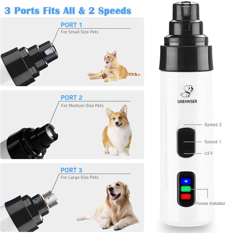 Pet grooming tool with three ports for different pet sizes and speed settings, featuring SMEHNSER branding.