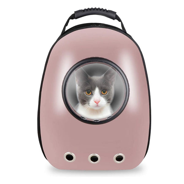 Pink pet carrier with a cat peeking out on a white background