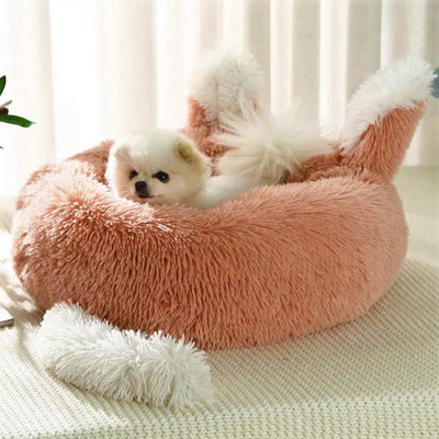 Small dog in a fluffy pink pet bed with white fur 