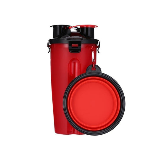 Red and black shaker bottle with a matching travel mug on a white background