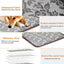 Dog lying on a waterproof fabric mat with text highlighting features like waterproofness, easy cleaning, scratch-resistance, safety, and electric wire safety.