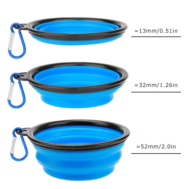 Set of three blue collapsible bowls with carabiners, showing size measurements.