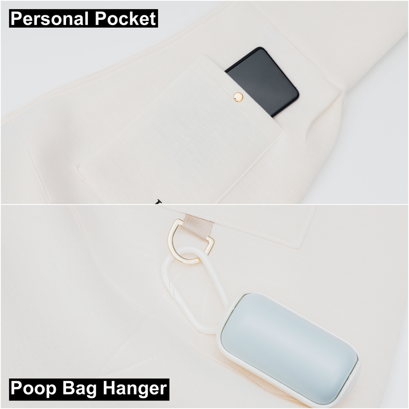 Top view of a phone in a personal pocket on a white surface, with a poop bag hanger shown below.