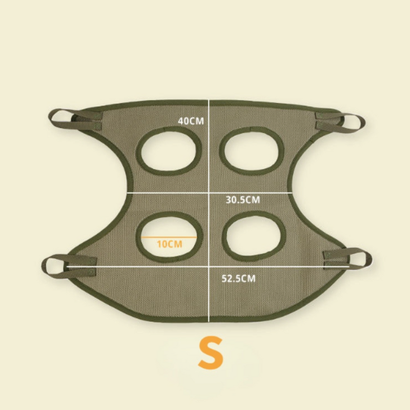 Measurement chart of a green dog muzzle with labeled dimensions on a beige background