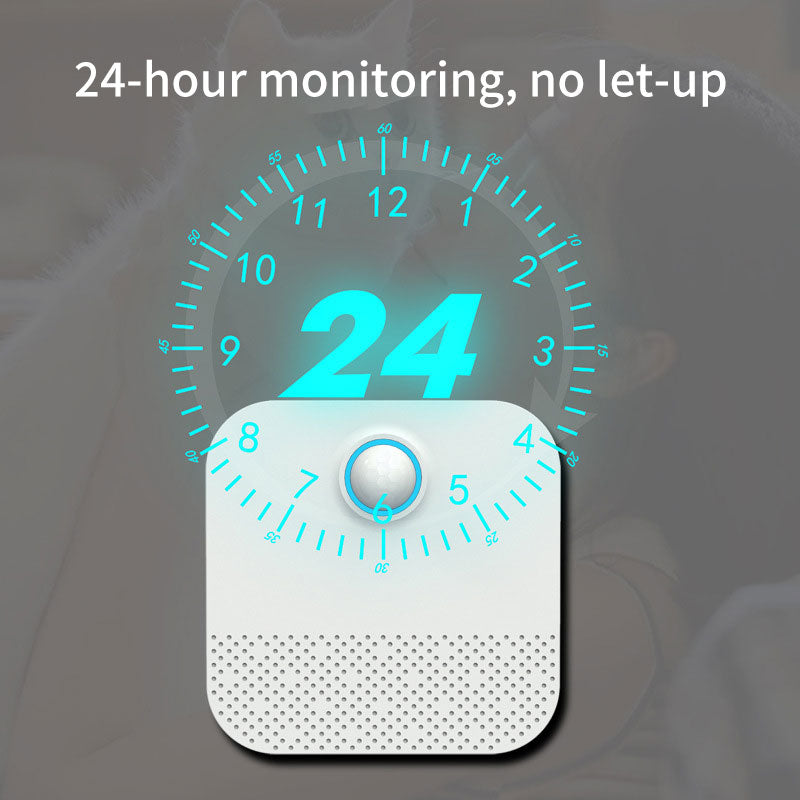 White device with digital display showing '24' on a blurred background with text '24-hour monitoring, no let-up'.