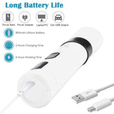 White electronic device with USB cable, battery information, and charging time displayed on a white background.