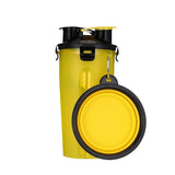 Yellow water bottle with black lid and carrying strap on a white background