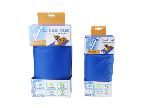 Blue pet cool mat with packaging on a white background