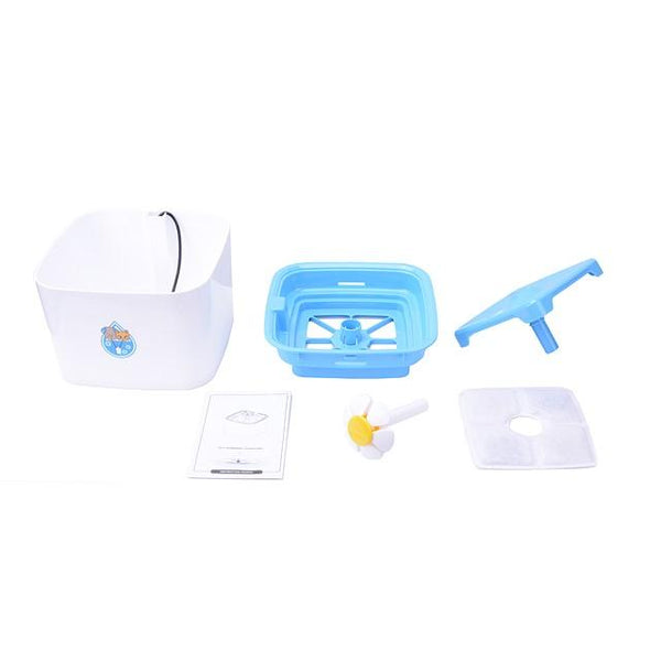 Collection of pet grooming tools including a white helmet, blue basin, and other accessories on a white background.