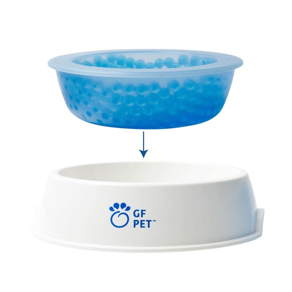Pet water bowl with blue gel beads and GF Pet logo on a white background