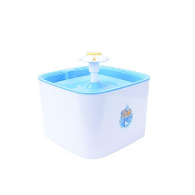 Pet water fountain with blue container and white top on a white background
