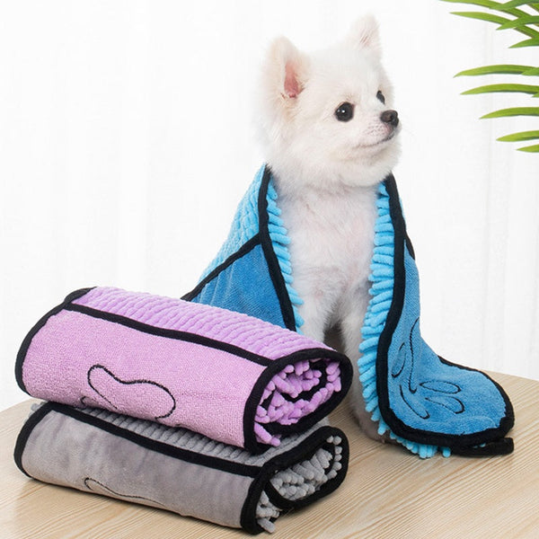 White dog wrapped in a blue towel with two other towels stacked below on a wooden surface.