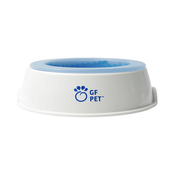 White pet bowl with blue interior and GF Pet logo on a white background