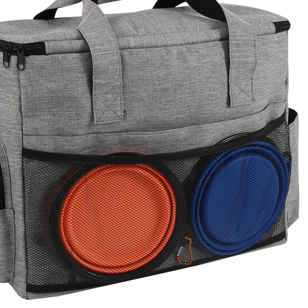 Gray bag with orange and blue disc holders on a white background