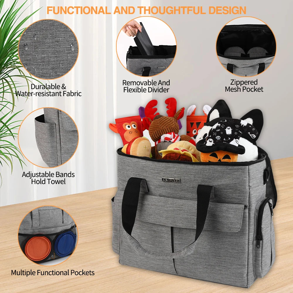 Gray storage bag with plush toys on a wooden surface, featuring text on its functional design.