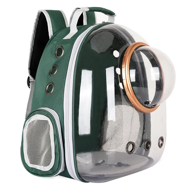 Green pet backpack with clear front and white accents on a white background