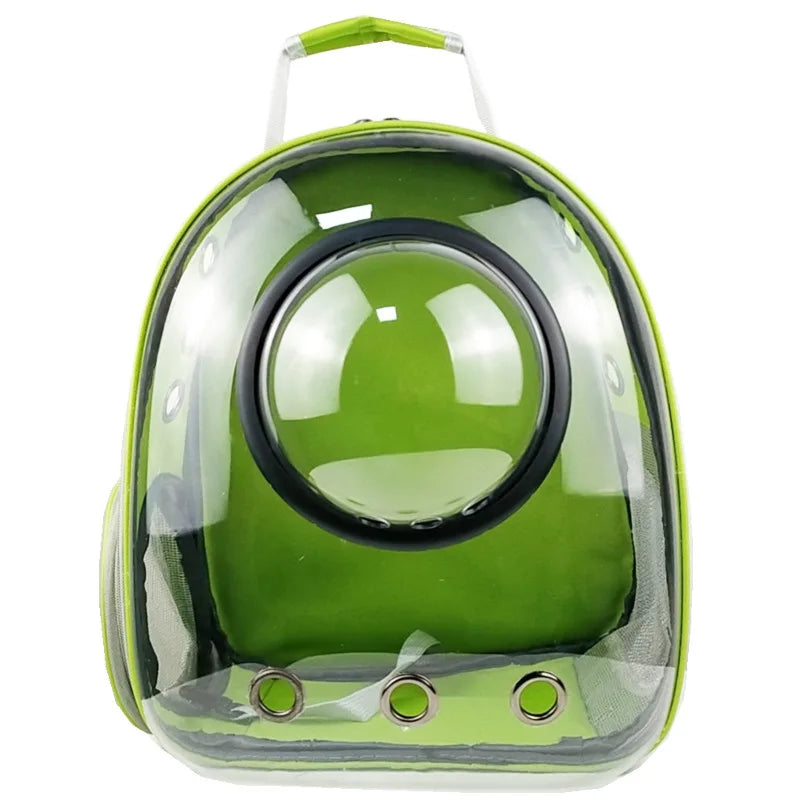 Green pet carrier with transparent front on a white background