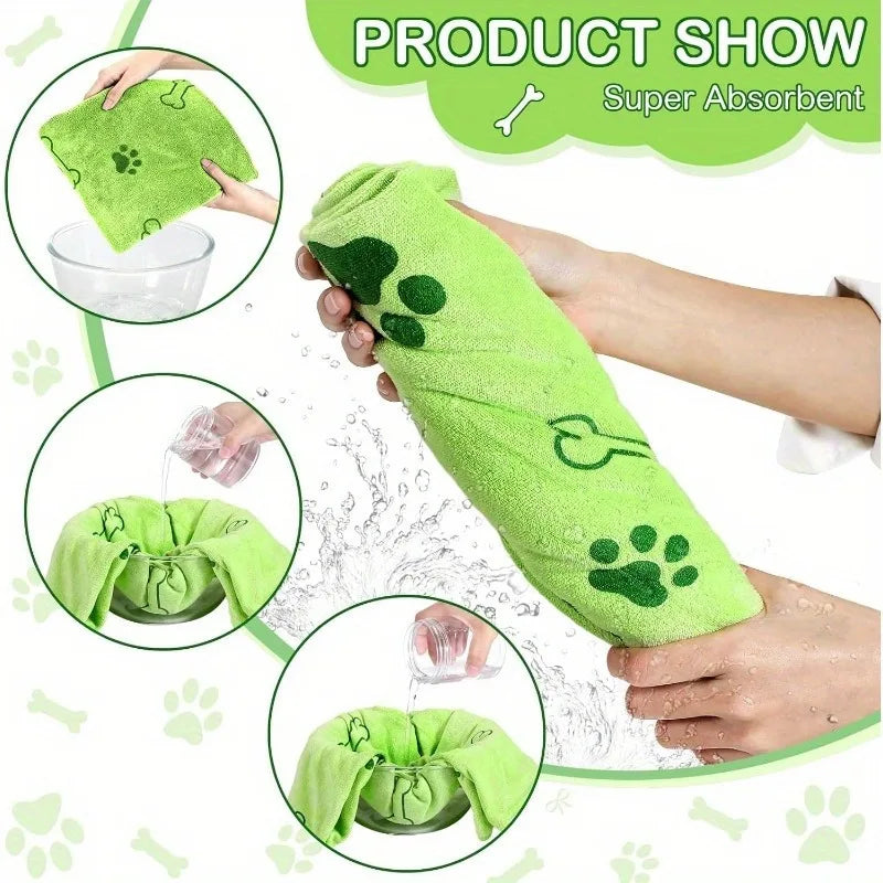 Green towel with paw prints being used to absorb water, labeled 'Super Absorbent'.