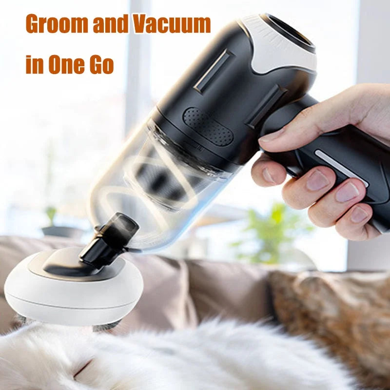 Hand holding a grooming and vacuum tool with text 'Groom and Vacuum in One Go' over a blurred indoor background.