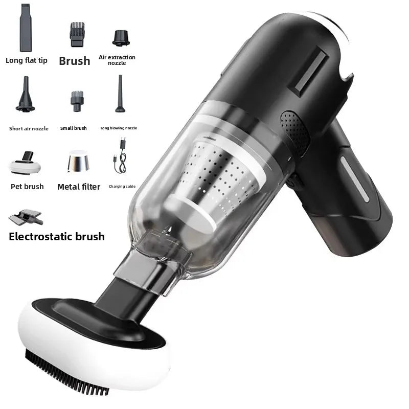 Handheld vacuum cleaner with attachments on a white background