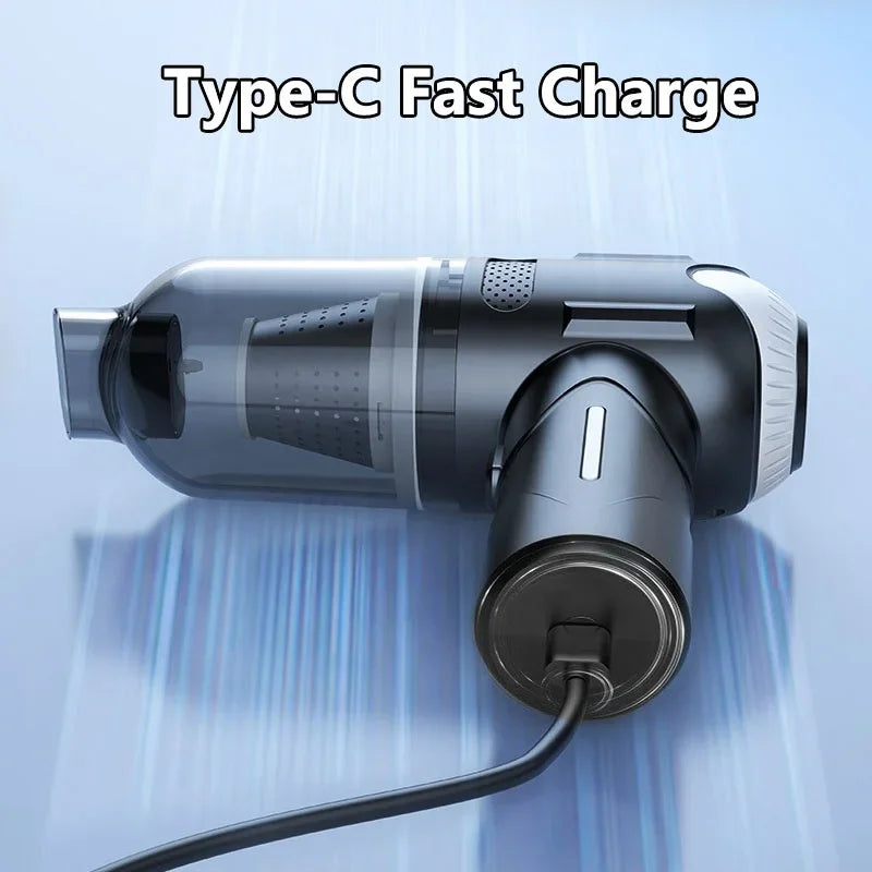 Handheld vacuum cleaner with Type-C fast charge feature on a light blue background