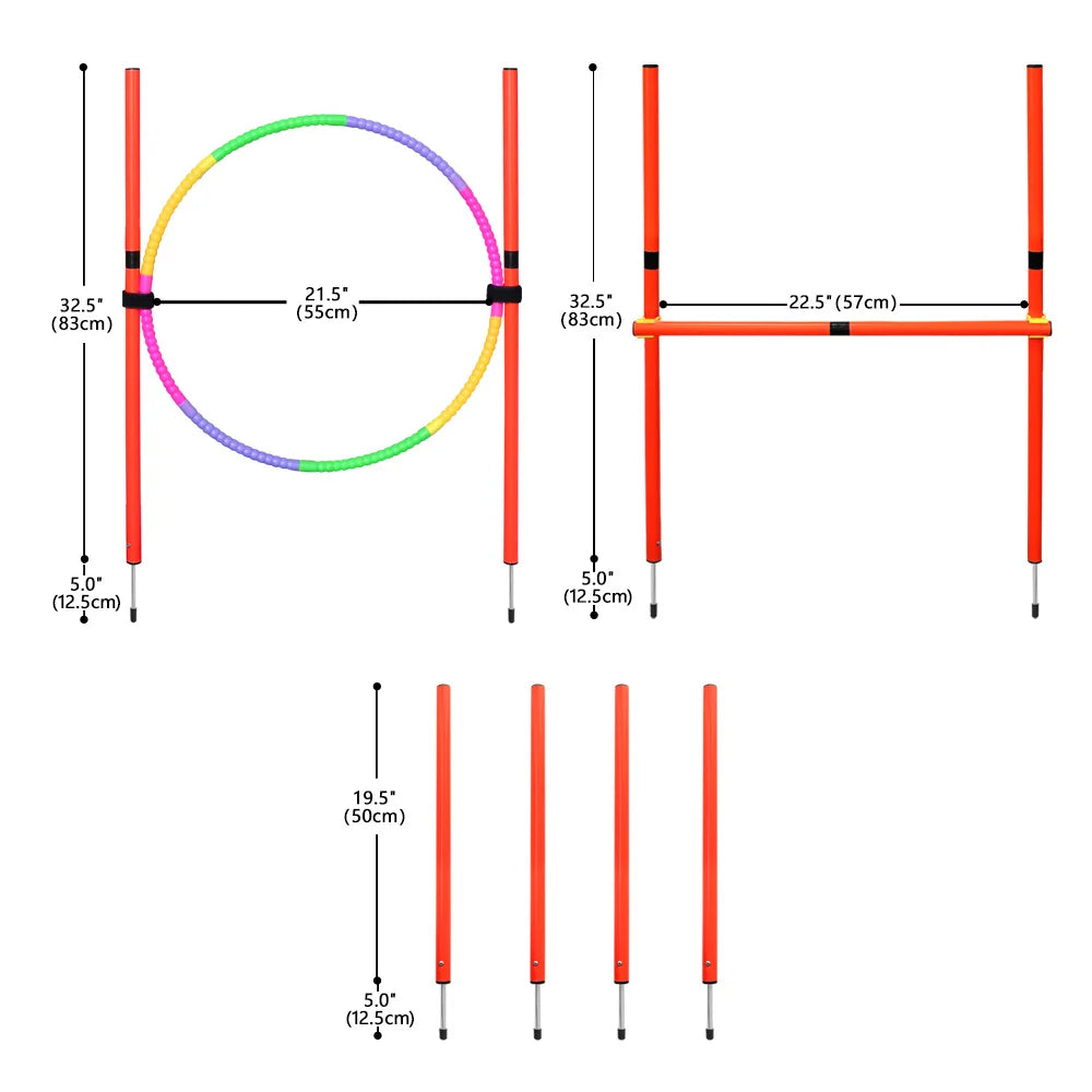 Measurement chart of dog agility equipment including a hoop, weave poles, and a jump.