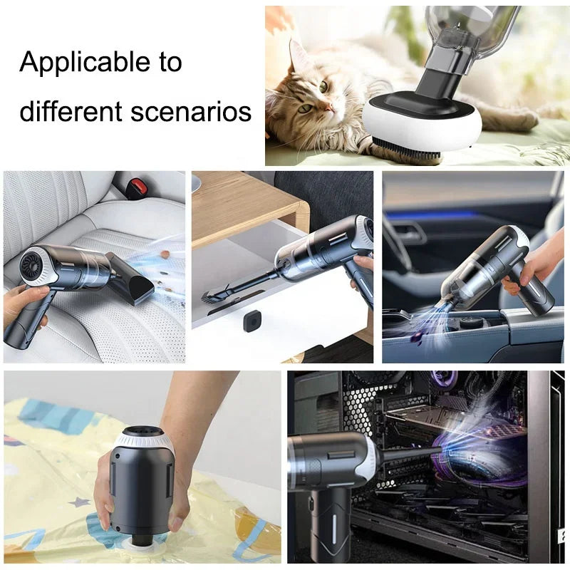 Multifunctional vacuum cleaner being used in various scenarios including car interior, pet hair removal, and cleaning electronic components.