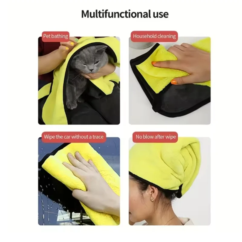 Multifunctional yellow towel being used for pet bathing, household cleaning, car wiping, and hair drying.