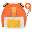 Orange pet harness with a yellow patch and leash on a white background