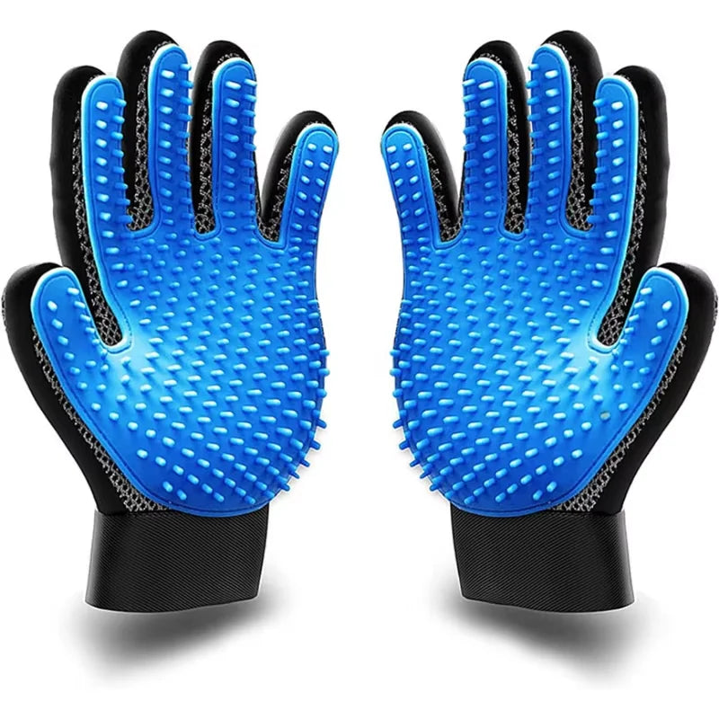 Pair of blue grooming gloves with black accents on a white background