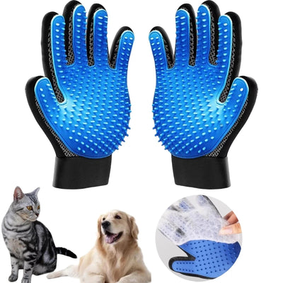 Pair of blue grooming gloves with black accents, shown with a cat, dog, and close-up of the glove on a white background.