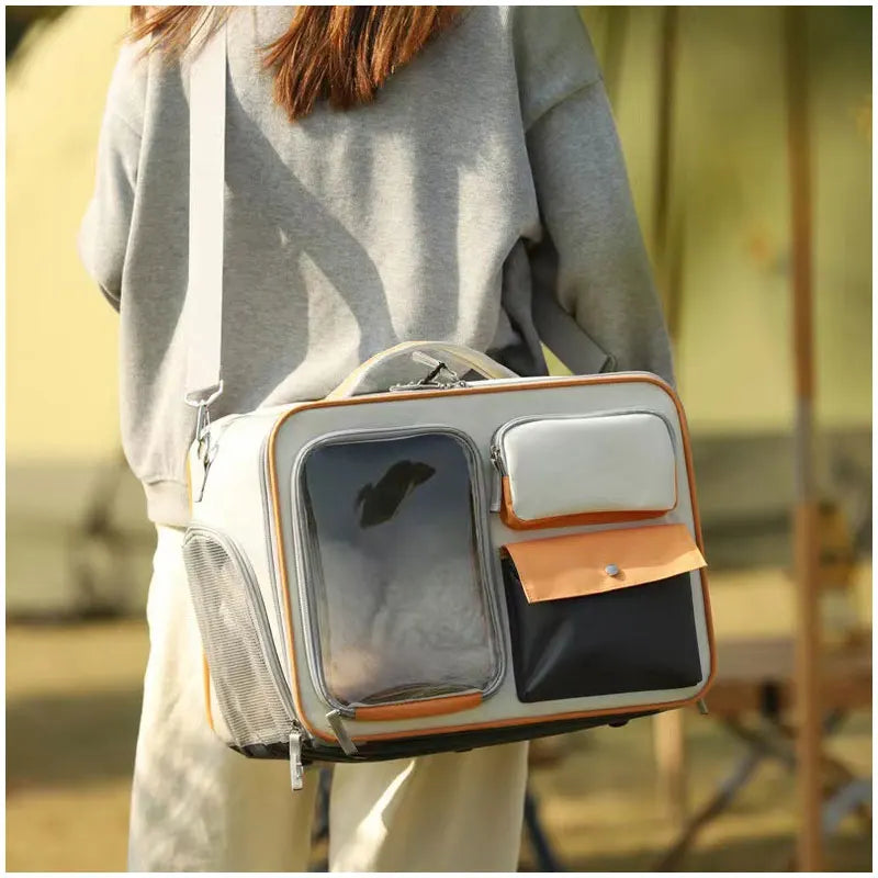 Person carrying a pet carrier with a blurred outdoor background