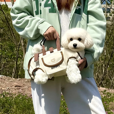 Person holding a small white dog and a matching handbag outdoors.
