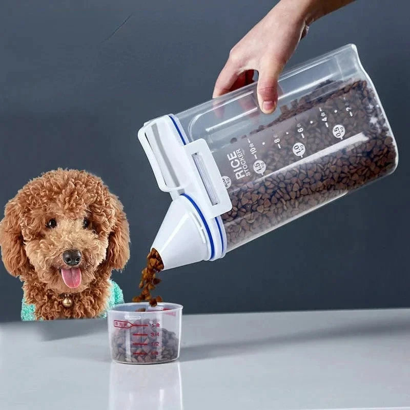 Person pouring dog food from a measuring container into a smaller container, with a dog watching.