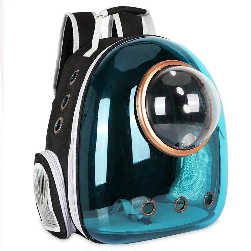 Pet backpack with a transparent bubble design on a white background