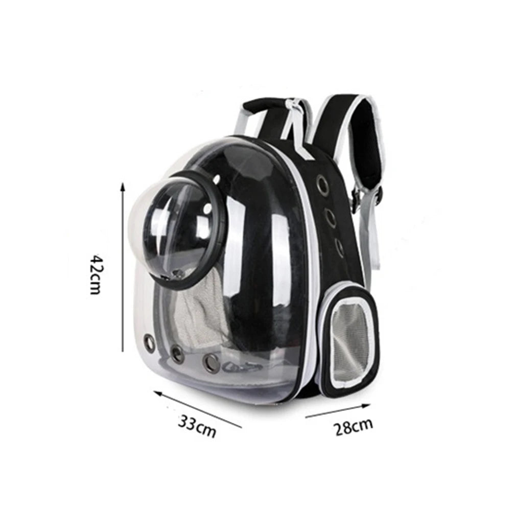 Pet backpack with transparent bubble design and measurements on a white background
