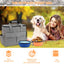 Pet bag with a dog and woman outdoors, featuring product benefits.