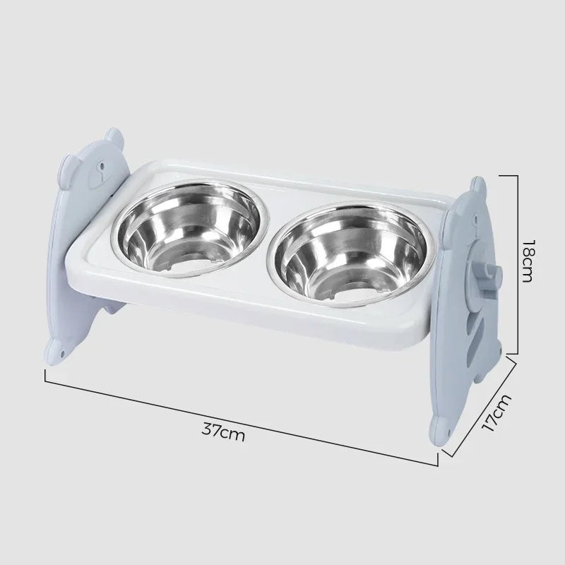 Pet bowl with a white base and blue stands, featuring two stainless steel bowls.