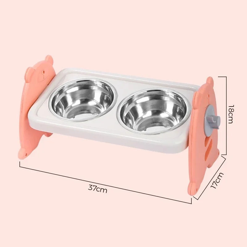 Pet bowl with two stainless steel bowls on a white stand with pink holders, on a light pink background.