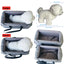 Pet carrier with measurements for large and small sizes, featuring a white dog inside.