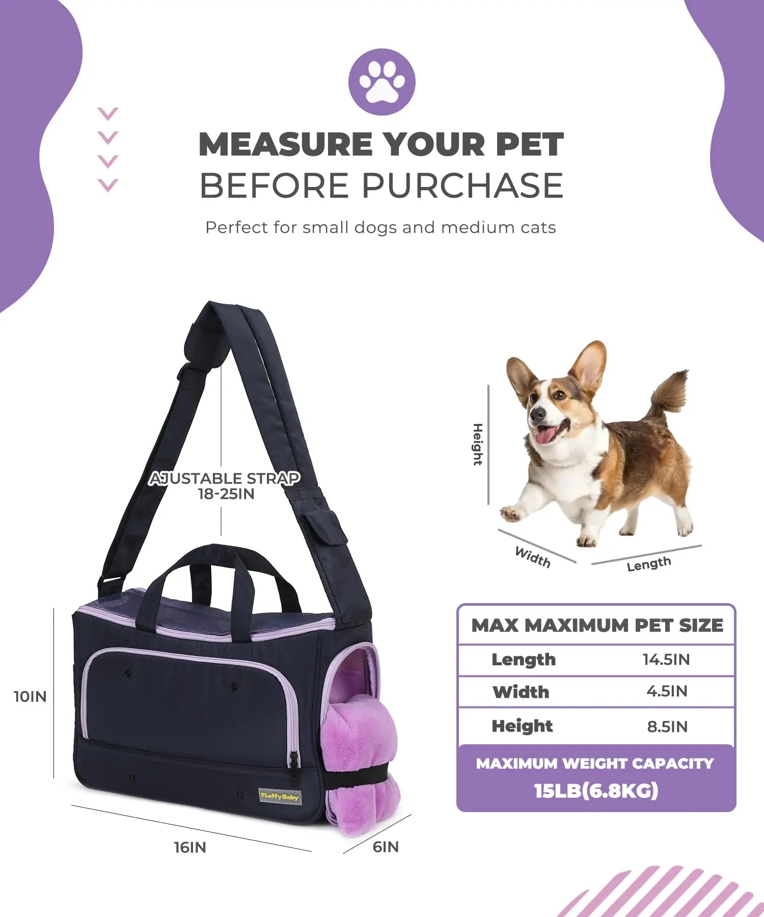 Pet carrier with measurements and dog illustration on a white background